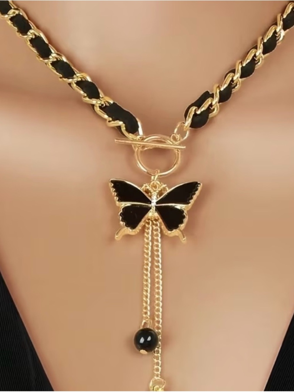 Gold and Black mother of Butterfly Pendant Necklace - Women Jewelry